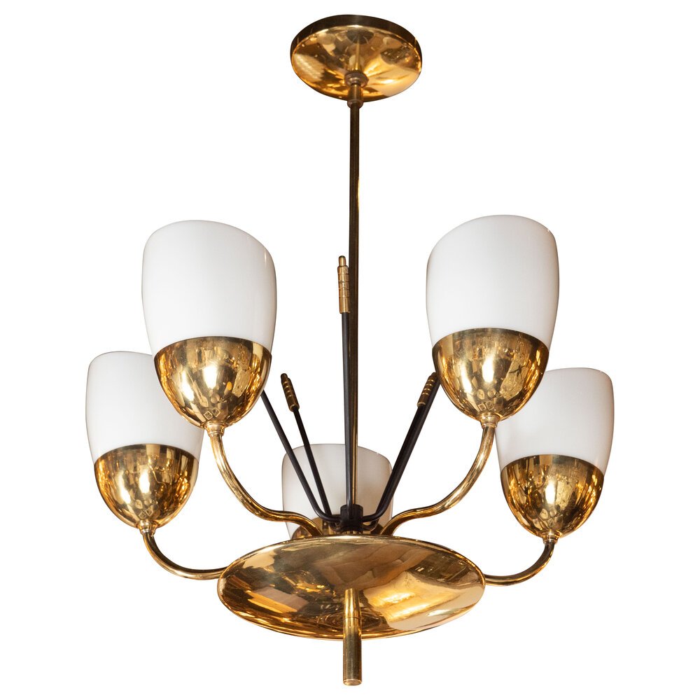Italian Mid-Century Modern Brass, Enamel and Frosted Glass Five 